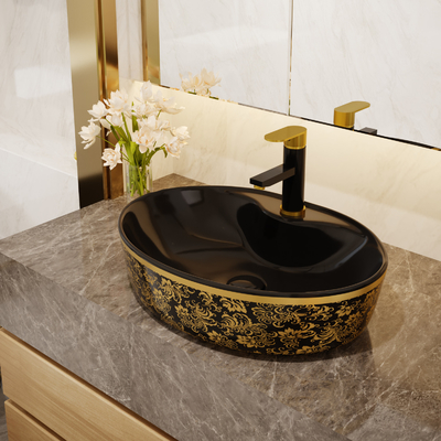 Couleur libre ovale de luxe d'or de noir de bassin de vanité avec le robinet