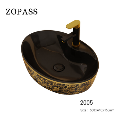 Couleur libre ovale de luxe d'or de noir de bassin de vanité avec le robinet
