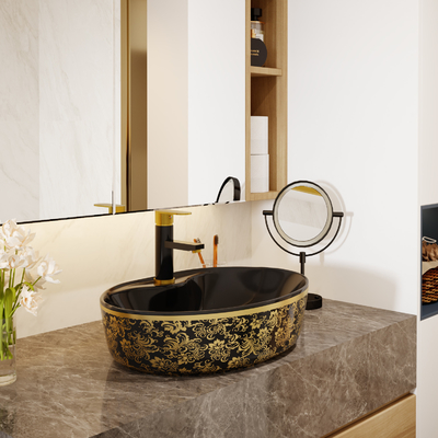 Couleur libre ovale de luxe d'or de noir de bassin de vanité avec le robinet