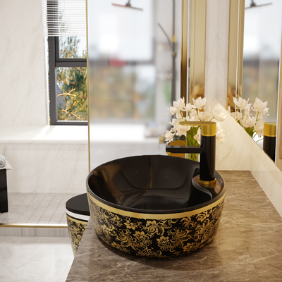 Couleur libre ovale de luxe d'or de noir de bassin de vanité avec le robinet
