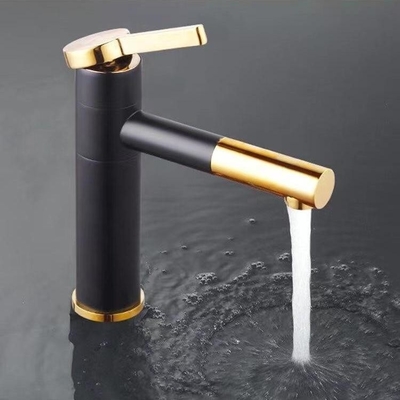Robinet de bassin de noir de cascade avec le mélangeur chaud et froid d'or de poignée