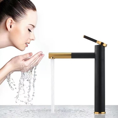 Robinet de bassin de noir de cascade avec le mélangeur chaud et froid d'or de poignée