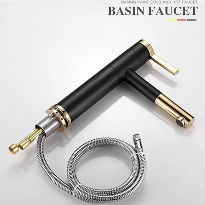 Robinet de bassin de noir de cascade avec le mélangeur chaud et froid d'or de poignée